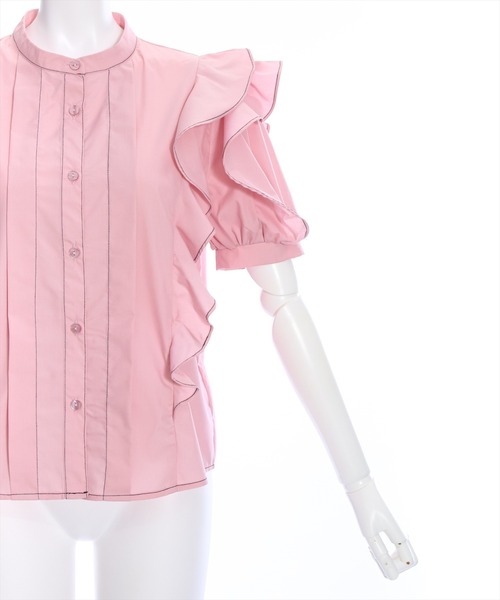 clear(クリア)の「フリルデザイン配色ステッチ半袖ブラウス≪2024SS≫(シャツ/ブラウス・レディース・ブラック/オフホワイト/ピンク・F)」の9枚目の写真