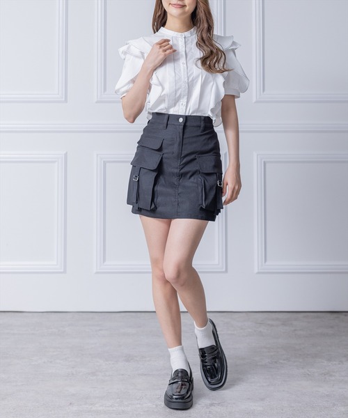 clear(クリア)の「フリルデザイン配色ステッチ半袖ブラウス≪2024SS≫(シャツ/ブラウス・レディース・ブラック/オフホワイト/ピンク・F)」の12枚目の写真