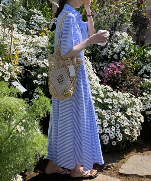 DAY CLOSET(デイ クローゼット)の「レディース 半袖ストライプ柄マーメイドシャツワンピース(シャツワンピース・レディース・ブルー/ピンク・M)」の4枚目の写真