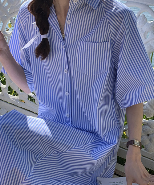 DAY CLOSET(デイ クローゼット)の「レディース 半袖ストライプ柄マーメイドシャツワンピース(シャツワンピース・レディース・ブルー/ピンク・M)」の15枚目の写真