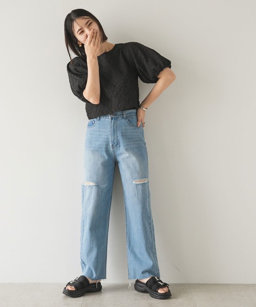 rectangle（レクタングル）の「ジャガードパフスリーブトップス（シャツ/ブラウス・レディース・アイボリー/ブラック・FREE）」の4枚目の写真