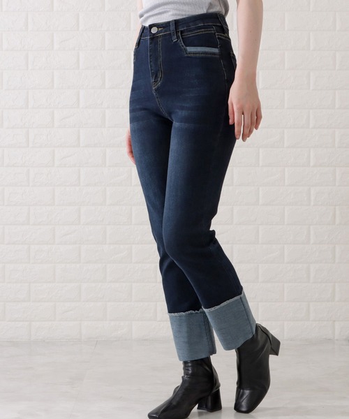 Lace Ladies（レースレディース）の「ロールアップハイウエストストレートデニムパンツ（デニムパンツ・レディース・ブラック/グレー/ネイビー・H/P/E/F/O/R）」の2枚目の写真