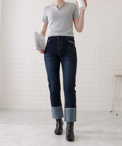 Lace Ladies（レースレディース）の「ロールアップハイウエストストレートデニムパンツ（デニムパンツ・レディース・ブラック/グレー/ネイビー・H/P/E/F/O/R）」の16枚目の写真