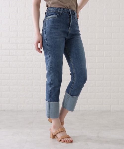 Lace Ladies（レースレディース）の「ロールアップハイウエストストレートデニムパンツ（デニムパンツ・レディース・ブラック/グレー/ネイビー・H/P/E/F/O/R）」の8枚目の写真