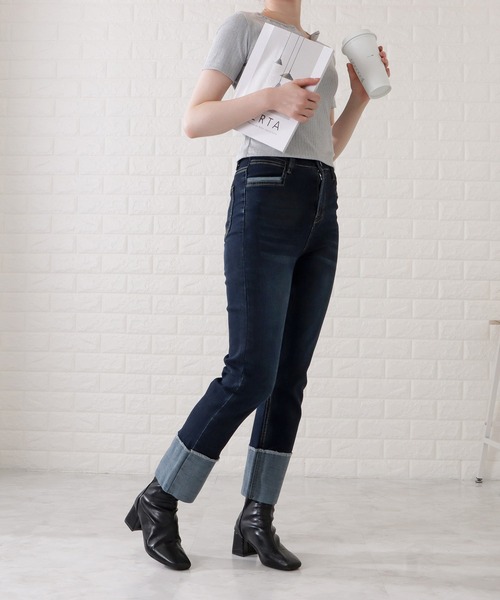Lace Ladies（レースレディース）の「ロールアップハイウエストストレートデニムパンツ（デニムパンツ・レディース・ブラック/グレー/ネイビー・H/P/E/F/O/R）」の17枚目の写真