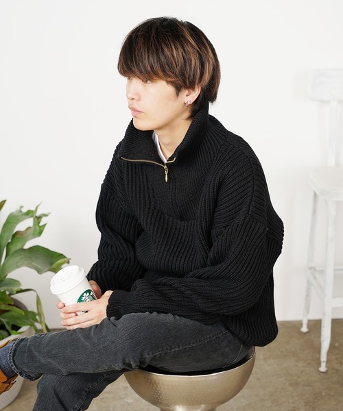 Oldderby Knitwear（オールダービーニットウェア）の「OLDDERBY KNITWEAR/オールドダービーニットウェア HC Rib Zip Funnel nk Pullover ハーフジップニット（ニット/セーター・レディース・アイボリー/ライトグレー/ブラック・M/L）」の13枚目の写真