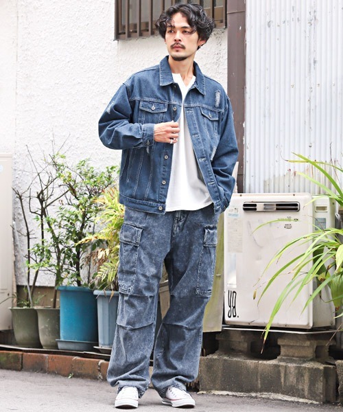 LUXSTYLE（ラグスタイル）の「ケミカル加工デニムワイドカーゴパンツ（デニムパンツ・メンズ・インディゴブルー/ブラック・M/L）」の21枚目の写真