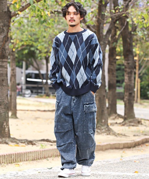 LUXSTYLE（ラグスタイル）の「ケミカル加工デニムワイドカーゴパンツ（デニムパンツ・メンズ・インディゴブルー/ブラック・M/L）」の22枚目の写真