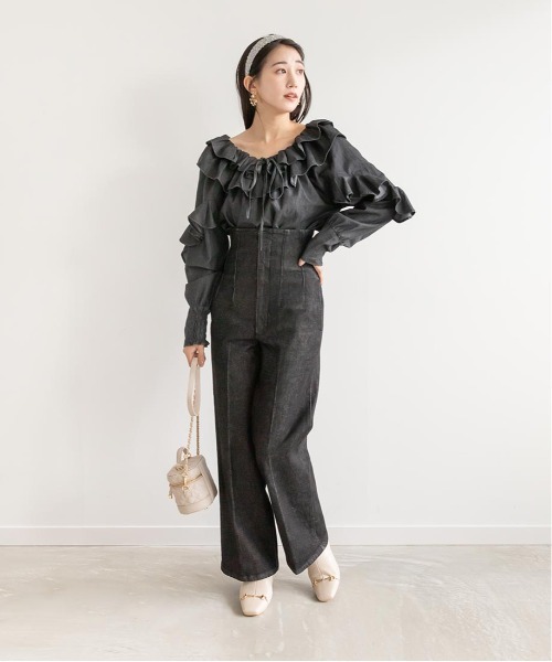 RANDA（ランダ）の「ハイウエストワイドデニムパンツ（デニムパンツ・レディース・ブラック/インディゴブルー・1/0）」の6枚目の写真