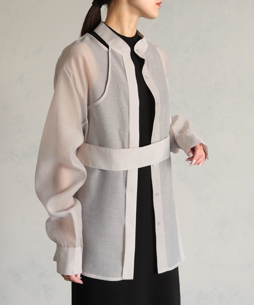 &g'aime（アンジェム）の「【&g’aime】バンドカラーシアーシャツ（シャツ/ブラウス・レディース・グレイッシュベージュ/ブラック・FREE）」の10枚目の写真