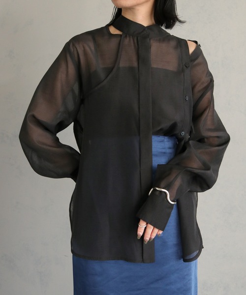 &g'aime（アンジェム）の「【&g’aime】バンドカラーシアーシャツ（シャツ/ブラウス・レディース・グレイッシュベージュ/ブラック・FREE）」の22枚目の写真