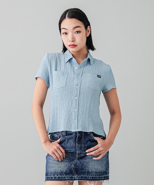 X-girl（エックスガール）の「COMPACT S/S SHIRT（シャツ/ブラウス・レディース・ブルー/ホワイト・S/M）」の2枚目の写真