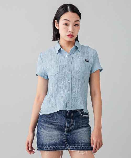 X-girl（エックスガール）の「COMPACT S/S SHIRT（シャツ/ブラウス・レディース・ブルー/ホワイト・S/M）」の3枚目の写真