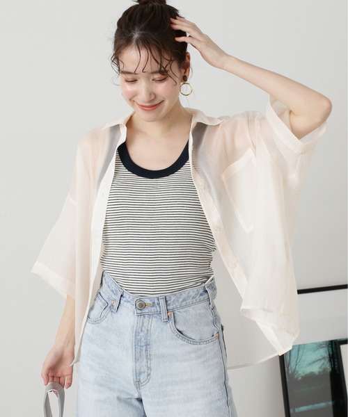 N.(N. Natural Beauty Basic)(エヌエヌナチュラルビューティーベーシック)の「◆クロップド半袖シアーシャツ(シャツ/ブラウス・レディース・ブルー/クリーム/ピンク・MEDIUM)」の1枚目の写真