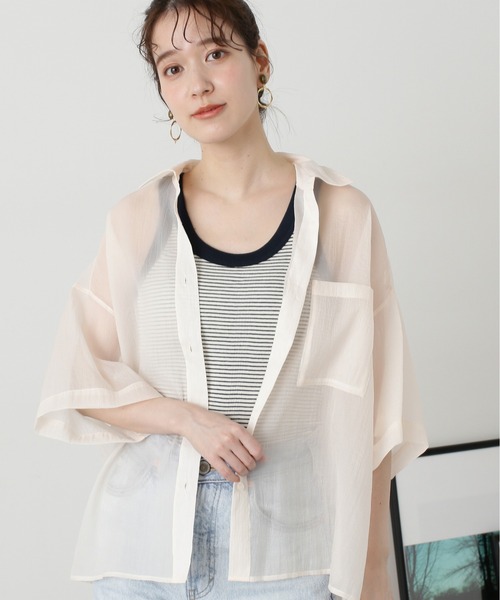 N.(N. Natural Beauty Basic)(エヌエヌナチュラルビューティーベーシック)の「◆クロップド半袖シアーシャツ(シャツ/ブラウス・レディース・ブルー/クリーム/ピンク・MEDIUM)」の4枚目の写真