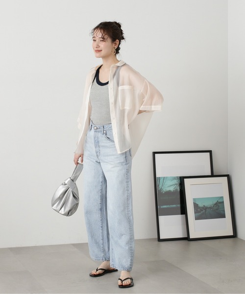 N.(N. Natural Beauty Basic)(エヌエヌナチュラルビューティーベーシック)の「◆クロップド半袖シアーシャツ(シャツ/ブラウス・レディース・ブルー/クリーム/ピンク・MEDIUM)」の6枚目の写真