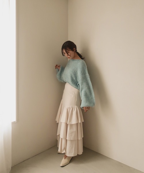 mideal（マイディール）の「random tiered skirt / ランダムティアードスカート（スカート・レディース・グリーン/オレンジ/アイボリー・FREE）」の4枚目の写真