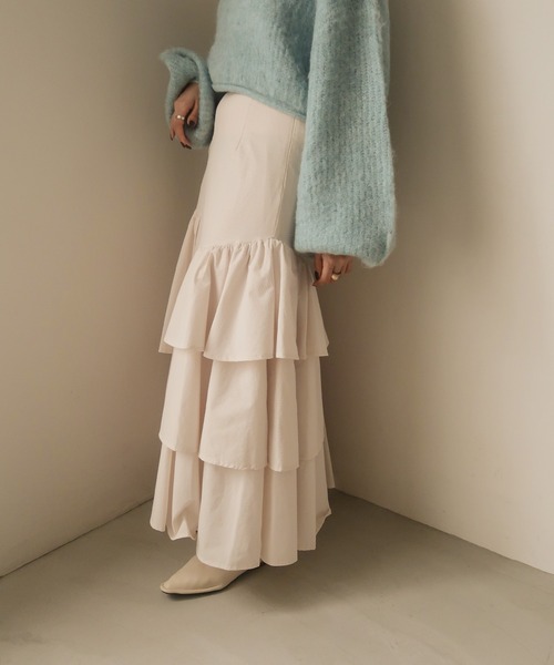 mideal（マイディール）の「random tiered skirt / ランダムティアードスカート（スカート・レディース・グリーン/オレンジ/アイボリー・FREE）」の5枚目の写真