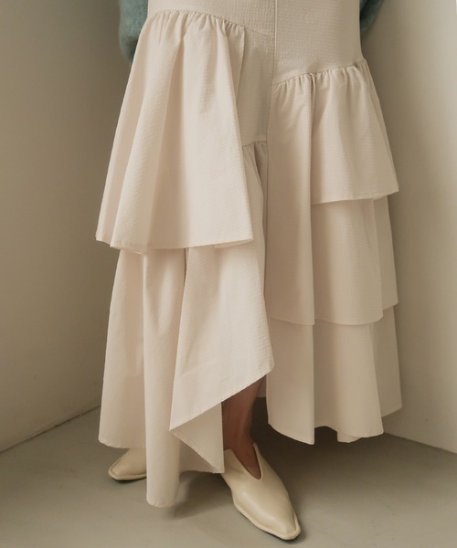 mideal（マイディール）の「random tiered skirt / ランダムティアードスカート（スカート・レディース・グリーン/オレンジ/アイボリー・FREE）」の8枚目の写真