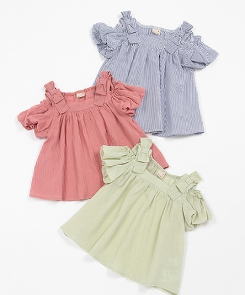 petit main(プティマイン)の「【AJUGA.リンク】オフショルブラウス(キッズサイズ)(シャツ/ブラウス・キッズ・ブルー/ピンク/ライトグリーン・80cm/90cm/110cm/120cm/130cm/100cm)」の13枚目の写真