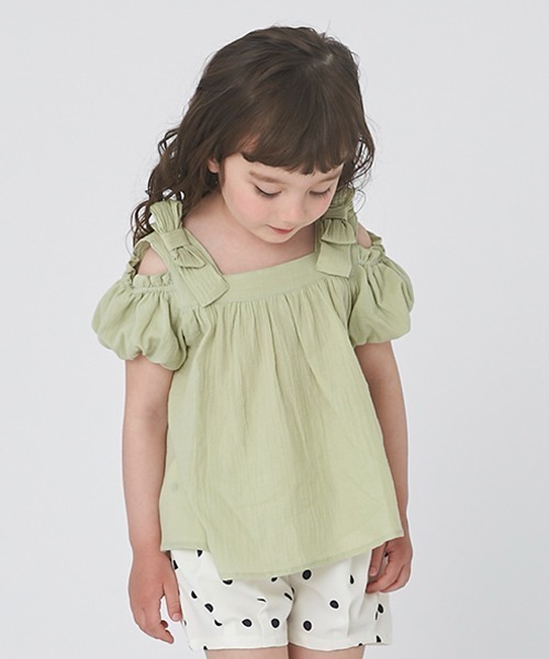 petit main(プティマイン)の「【AJUGA.リンク】オフショルブラウス(キッズサイズ)(シャツ/ブラウス・キッズ・ブルー/ピンク/ライトグリーン・80cm/90cm/110cm/120cm/130cm/100cm)」の5枚目の写真