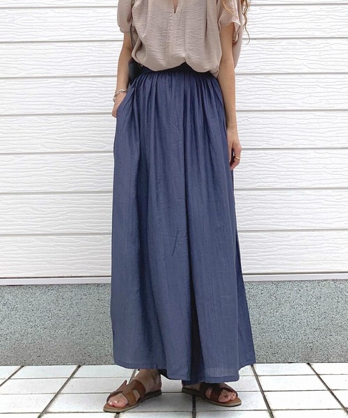 Q（キュー）の「楊柳ワイドパンツ（その他パンツ・レディース・ネイビー/グリーン・MEDIUM）」の2枚目の写真