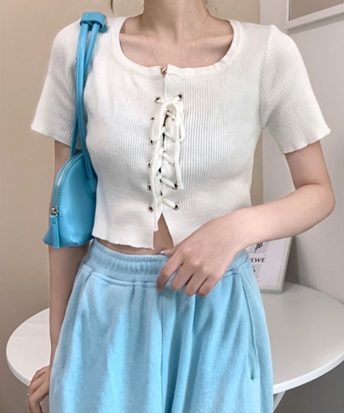 正規店仕入れの セール】レースアップ半袖リブニット クロップド丈（ニット トップス