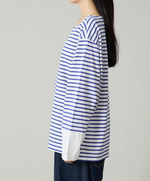 tシャツ 後ろVあき袖切り替えボーダートップス レディース セール】後ろVあき袖切り替えボーダートップス（Tシャツ