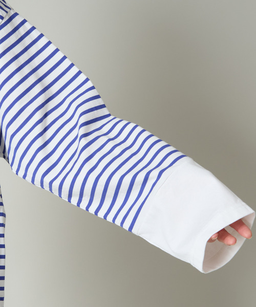 tシャツ 後ろVあき袖切り替えボーダートップス レディース セール】後ろVあき袖切り替えボーダートップス（Tシャツ