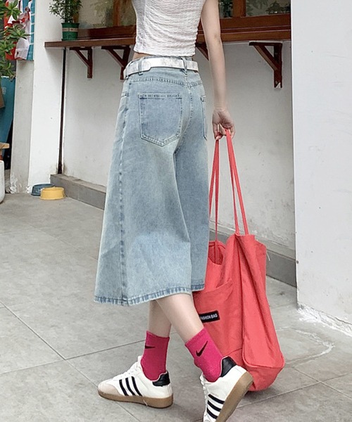セール】ワイドレッグ7分丈デニムパンツ（デニムパンツ