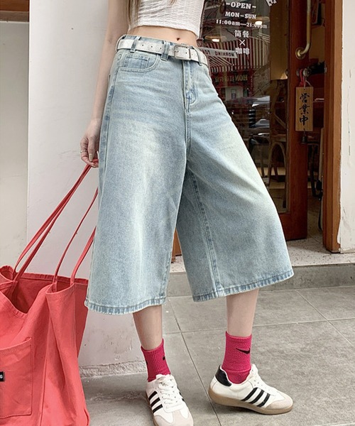 セール】ワイドレッグ7分丈デニムパンツ（デニムパンツ