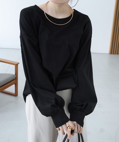 美品▲ebure //プルオーバートップス▲カットソー ブラック 黒 ゆったり セール】シルケットボリュームスリーブプルオーバー（Tシャツ