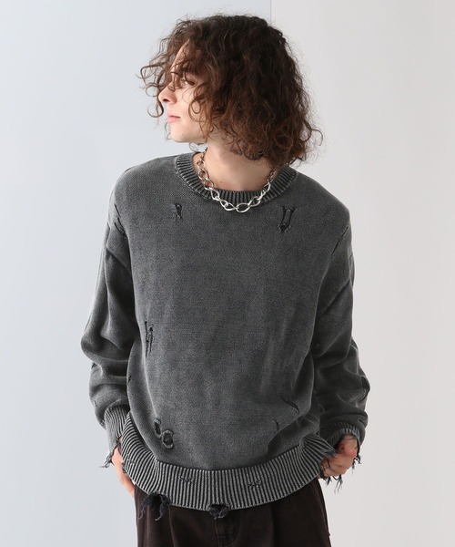 HARE（ハレ）の「ブリーチダメージニットプルオーバー(HARE)（ニット/セーター・メンズ・パープル/ブルー/ブラック/ブラック系その他・FREE）」の6枚目の写真