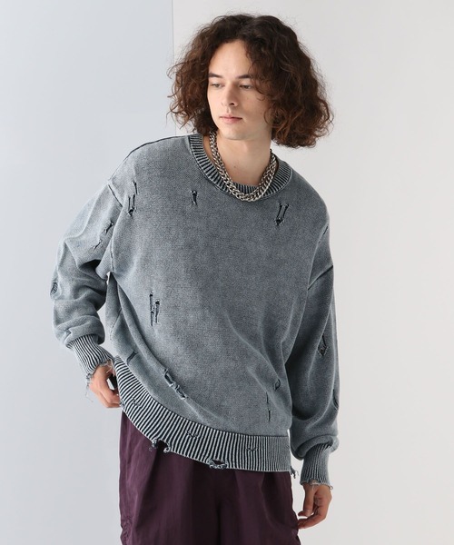 HARE（ハレ）の「ブリーチダメージニットプルオーバー(HARE)（ニット/セーター・メンズ・パープル/ブルー/ブラック/ブラック系その他・FREE）」の9枚目の写真