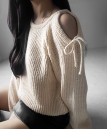 ※※【 3color 】カットアウトショルダーリボンオーバーリブニット / Cut-out shoulder ribbon over lib knit