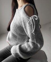 ※※【 3color 】カットアウトショルダーリボンオーバーリブニット / Cut-out shoulder ribbon over lib knit