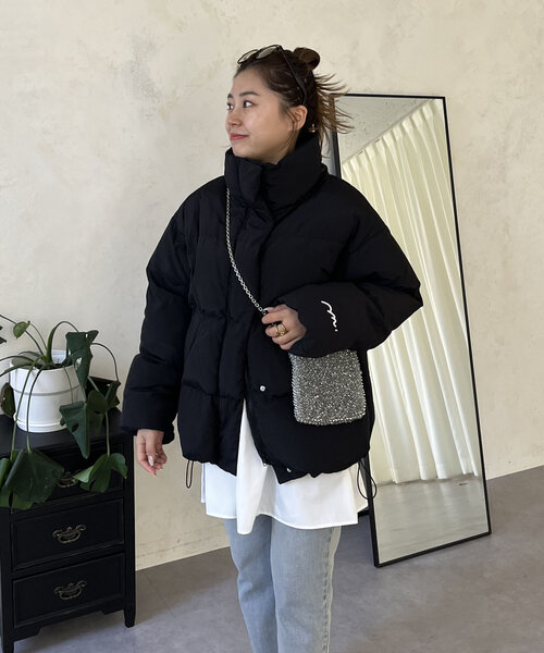 prose verse ブラック ダウンジャケット Mサイズ MOMO】袖刺繍スタンドネック中綿ブルゾン（ダウンジャケット/コート