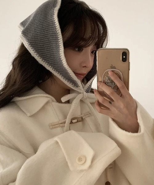 shopnikoniko(ショップニコニコ)の「バブーシュカ ニット 紐付 バイカラーニット バブーシュカ(その他ヘアアクセサリー・レディース・グレー/ブラック/アイボリー/ホワイト・フリー)」の4枚目の写真