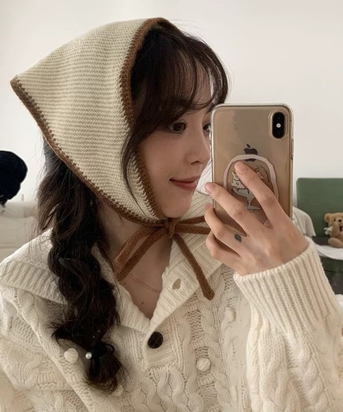 shopnikoniko(ショップニコニコ)の「バブーシュカ ニット 紐付 バイカラーニット バブーシュカ(その他ヘアアクセサリー・レディース・グレー/ブラック/アイボリー/ホワイト・フリー)」の3枚目の写真