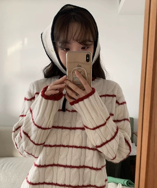 shopnikoniko(ショップニコニコ)の「バブーシュカ ニット 紐付 バイカラーニット バブーシュカ(その他ヘアアクセサリー・レディース・グレー/ブラック/アイボリー/ホワイト・フリー)」の21枚目の写真