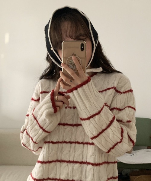 shopnikoniko(ショップニコニコ)の「バブーシュカ ニット 紐付 バイカラーニット バブーシュカ(その他ヘアアクセサリー・レディース・グレー/ブラック/アイボリー/ホワイト・フリー)」の6枚目の写真
