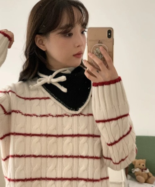 shopnikoniko(ショップニコニコ)の「バブーシュカ ニット 紐付 バイカラーニット バブーシュカ(その他ヘアアクセサリー・レディース・グレー/ブラック/アイボリー/ホワイト・フリー)」の5枚目の写真