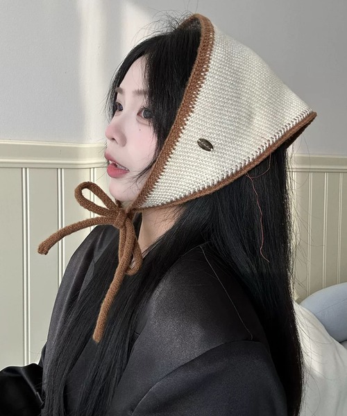 shopnikoniko(ショップニコニコ)の「バブーシュカ ニット 紐付 バイカラーニット バブーシュカ(その他ヘアアクセサリー・レディース・グレー/ブラック/アイボリー/ホワイト・フリー)」の9枚目の写真