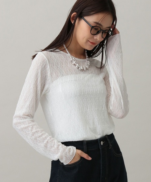 GLOBAL WORK（グローバルワーク）の「MATINEE LINE/レースシアー長袖T/288775（Tシャツ/カットソー・レディース・ブラック/アイボリー/オフホワイト・MEDIUM/LARGE）」の7枚目の写真