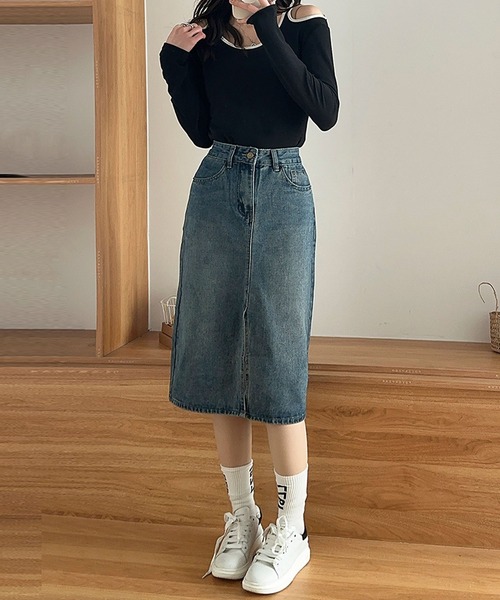 aimoha（アイモハ）の「【aimoha】ハイウエストデニムスカート（デニムスカート・レディース・ブルー・X-SMALL/SMALL/MEDIUM/LARGE/X-LARGE）」の5枚目の写真