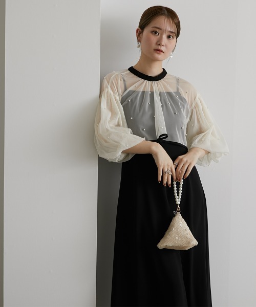 【SUIVI】フォーマルワンピース  ボレロ付 パール飾り 結婚式・パーティードレス】パール付きチュールボレロ＋キャミ