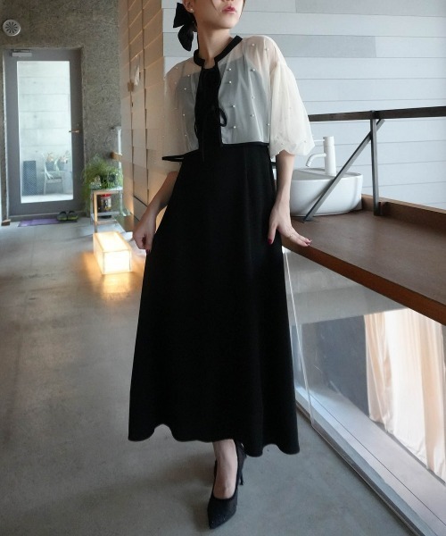 Jolie et Jolie（ジョリーエジョリー）の「【再入荷！】パール付きチュールボレロ＋キャミワンピースドレス（ドレス・レディース・ベージュ系/ブラック系1/ネイビー・M/L/LL/3L/4L/5L）」の4枚目の写真