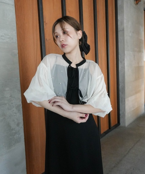 Jolie et Jolie（ジョリーエジョリー）の「【再入荷！】パール付きチュールボレロ＋キャミワンピースドレス（ドレス・レディース・ベージュ系/ブラック系1/ネイビー・M/L/LL/3L/4L/5L）」の5枚目の写真