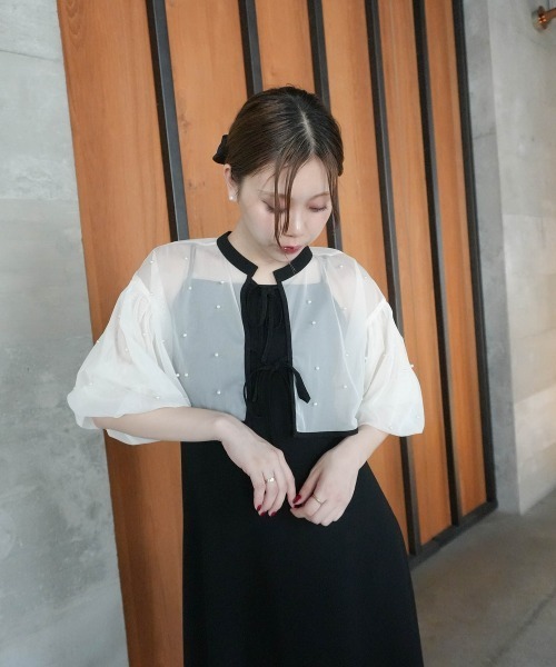 Jolie et Jolie（ジョリーエジョリー）の「【再入荷！】パール付きチュールボレロ＋キャミワンピースドレス（ドレス・レディース・ベージュ系/ブラック系1/ネイビー・M/L/LL/3L/4L/5L）」の6枚目の写真