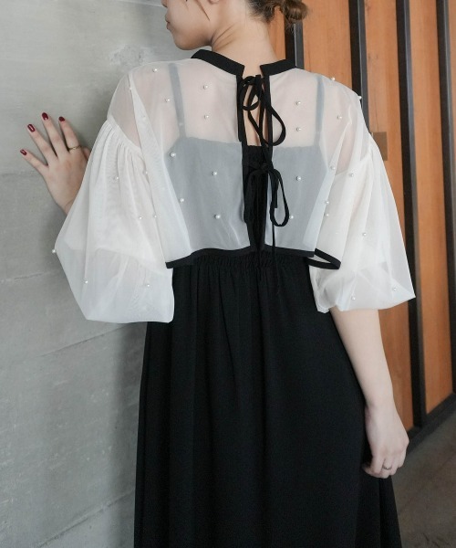 Jolie et Jolie（ジョリーエジョリー）の「【再入荷！】パール付きチュールボレロ＋キャミワンピースドレス（ドレス・レディース・ベージュ系/ブラック系1/ネイビー・M/L/LL/3L/4L/5L）」の8枚目の写真